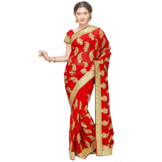 Exquisite Red Colored Stone Worked Faux Georgette Saree 